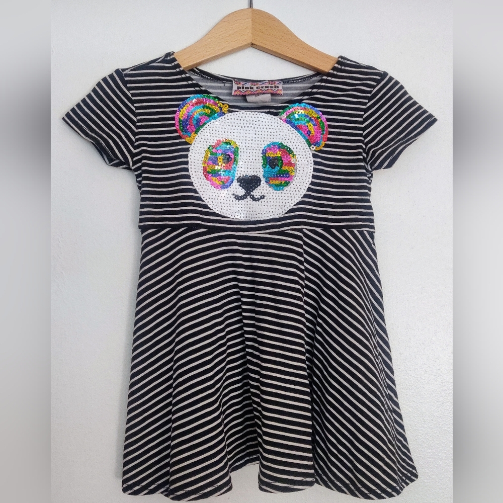 Pink Crush Sequin Panda Black and White Striped Short Sleeve Dress Toddler Sz 3T